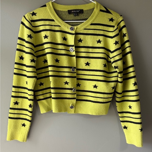 Elise boutique size M, lemon lime green short fitted long sleeve, stripes stars - Picture 1 of 6